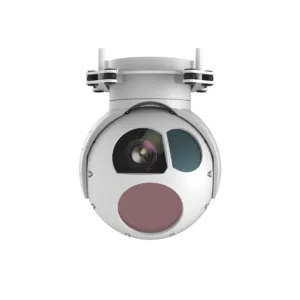 A two-axis Shendu Gimbal aerial camera pod with a visible light camera, infrared thermal imager, and three laser systems mounted on its underside.