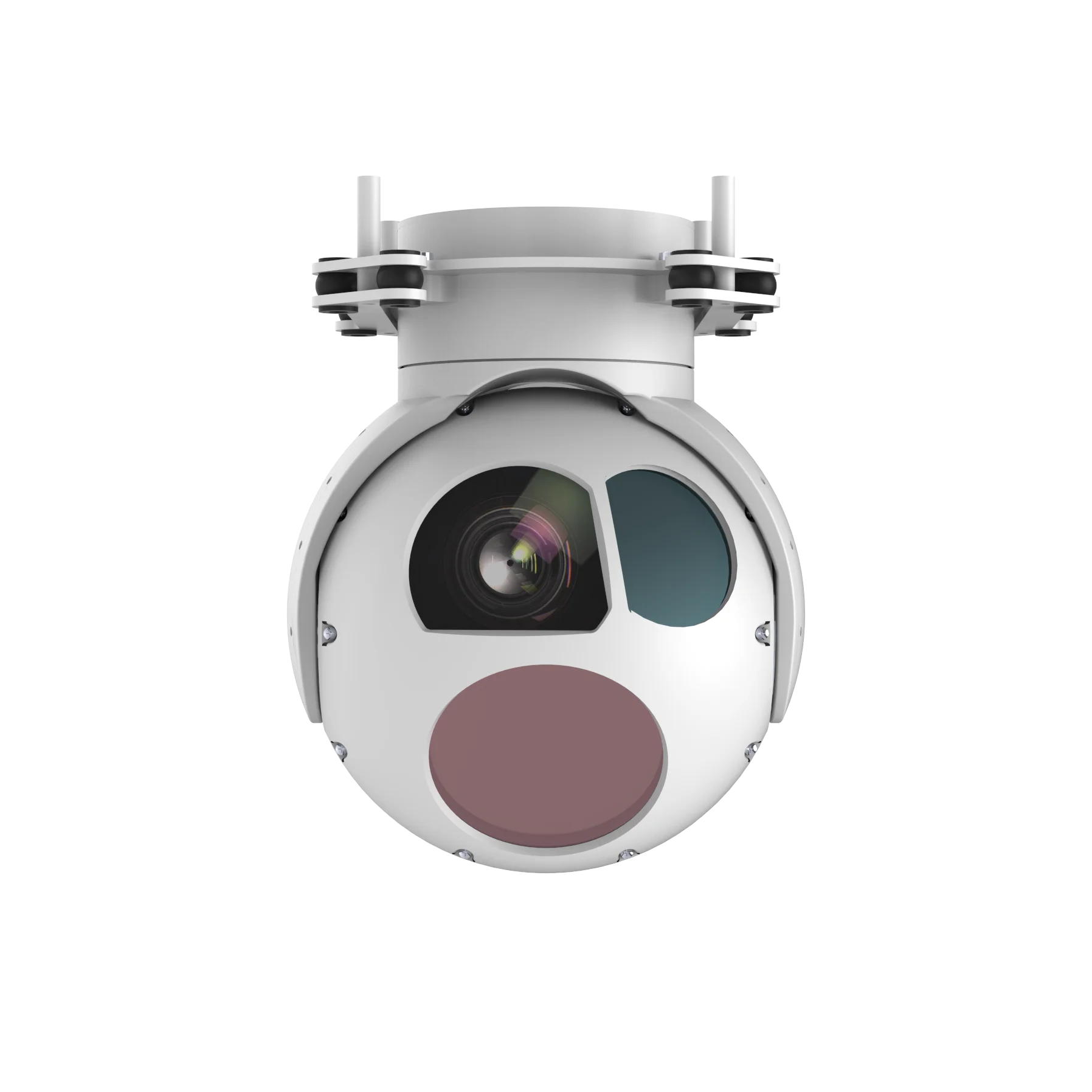A two-axis aerial camera pod with a visible light camera, infrared thermal imager, and three laser systems mounted on its underside. A two-axis Shendu Gimbal aerial camera pod with a visible light camera, infrared thermal imager, and three laser systems mounted on its underside.